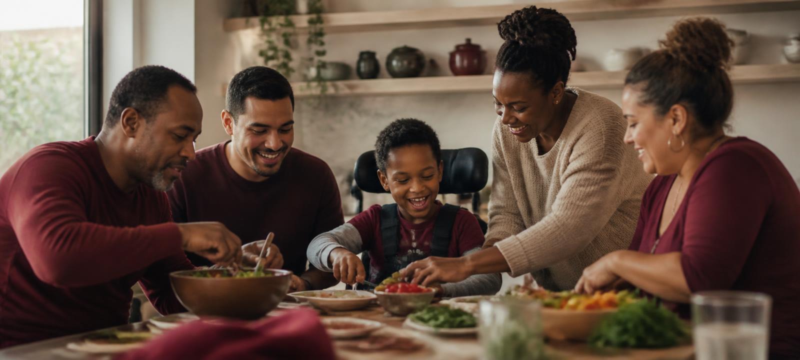 A multiracial family, a caregiver, and a child who uses a wheelchair preparing a meal together