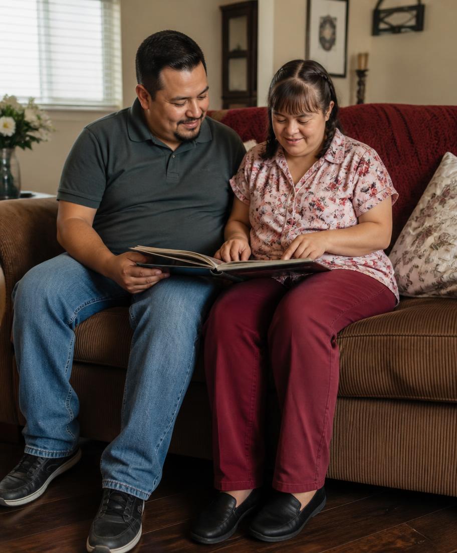 A caregiver and an adult client looking through a family photo album together at home